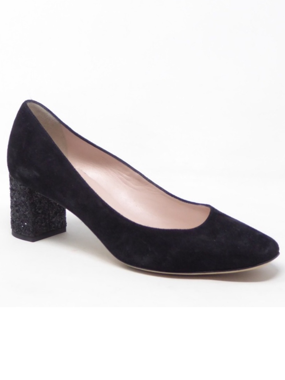 kate spade Black Suede Mid Block Glitter Heel Pumps Size 8